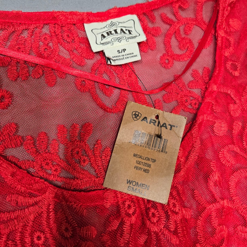 NWT Womens Whimsigoth Vampire Lace Size S Red Romantic Sheer Smocked Waist Top - Picture 2 of 8